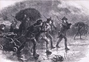 Az amerikaiak éjszakai maoeuvrei Bostonban, illusztráció a Cassells History of the Egyesült Államokból, kiadó: Cassell, Petter & Galpin, 1900 körül (litho)