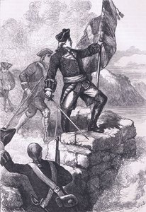 Washington a brit zászlót tűzi ki Fort Duquesne-ben, illusztráció a Cassells History of the Egyesült Államokból, kiadó: Cassell, Petter & Galpin, 1900 körül (litho)