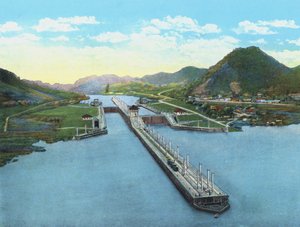 Madártávlat a Pedro Miguel-zsilipről, Panama-csatorna (színes fotó)