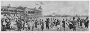 Vasárnap reggeli fürdős jelenet a Coney Island-i tengerparton, az Iron Steamboats új vasi mólójának kikötőjével (f/w fotó) alkotó: American Photographer