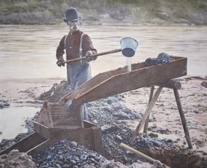 Amerikai aranykutató zsilipdobozt használva (kézzel színezett fotó) alkotó: American Photographer