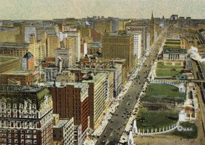 Michigan Boulevard, északra nézve, a repülőgépről nézve (színes fotó) alkotó: American Photographer
