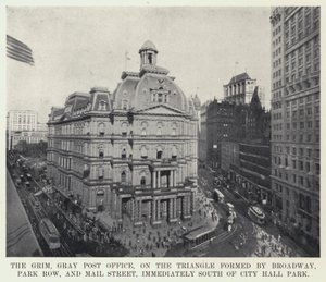 A komor, szürke posta a Broadway, a Park Row és a Mail Street által alkotott háromszögben, közvetlenül a Városháza Parktól délre (f/w fotó) alkotó: American Photographer