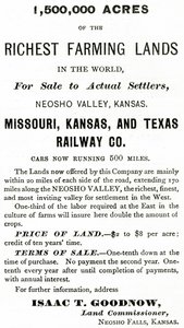1 500 000 hektár a világ leggazdagabb mezőgazdasági területein, a Kansas állambeli Neosho Valley-ben, az Appletons Journal hirdetése, 1872. május 4. alkotó: American School