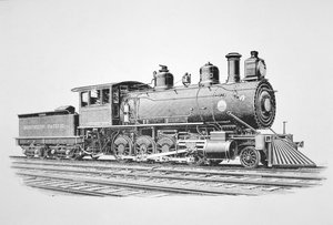 Egy 2-8-0 Consolidation típusú mozdony, amelyet Baldwin épített 1889 júniusában a Northern Pacific Railway (litho) számára alkotó: American School