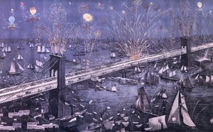 Madártávlati kilátás a Great New York-ra és a Brooklyn Bridge-re, valamint a tűzművek nagyszerű bemutatója 1883 nyitó estéjén, kocsma. A. Major által