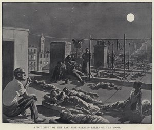 Forró éjszaka a keleti oldalon, enyhülést keresve a háztetőkön (litho) alkotó: American School