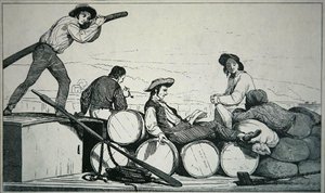 Rakományt szállító platós hajó a Mississippi folyón, 1840 körül (metszet) alkotó: American School