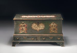 Festékekkel díszített emelős láda, Susana Scheblern felirattal, valószínűleg Lancaster megye, Pennsylvania, 1790 alkotó: American School