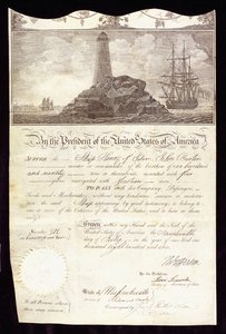 „Henry of Salem” hajóútlevele, amely biztonságos áthaladást kér, amerikai lobogó alatt hajózó hajót és sziklákon álló világítótornyot ábrázol alkotó: American School