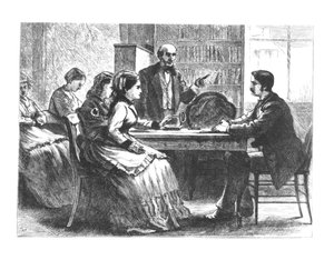 Egy nő tárgyal egy gyárvezetővel, akit Susan B. Anthony új Dolgozónők Védőegyesületének tanácsadója segít, 1860-70-es évek alkotó: American School