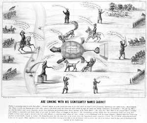 Abe Linking with his Significantly Named Cabinet, M.E. Godwin kiadó 1864-ben alkotó: American School