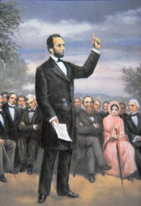 Abraham Lincoln (1809-65) gettysburgi beszédet mond Gettysburgban, Pennsylvaniában, 1863. november (színes litó) alkotó: American School