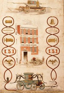 Abraham Vanness, tűzoltóautó-építő és tűzoltófelszerelések gyártójának hirdetése, kiadó: Geo. G. Gratacap, New York, 1850 körül (litó) alkotó: American School