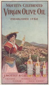A Mottets Celebrated Virgin Olive Oil hirdetése, 1900 körül alkotó: American School