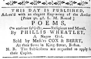 Reklám Phillis Wheatley első könyvéhez, a Boston Gazette-ből, 1774. február 7. (újságpapír) alkotó: American School
