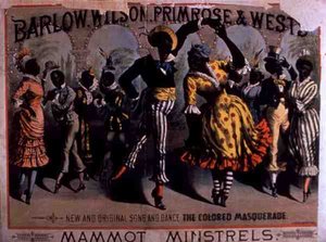 A „The Colored Masquerade” reklámja, a Mammot Minstrels éneke és tánca, Barlow, Wilson, Primrose és West (színes litó) alkotó: American School
