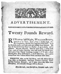 Reklám húsz font jutalomért William Burns elfogásáért, egy charlestoni újságban, Dél-Karolinában, 1767 (nyomtatott)