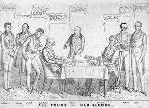 All Fours or Old Sludge, politikai karikatúra, amely Martin Van Buren elnököt (1782-1862) ábrázolja, amint William Henry Harrison (1773-1841) ellen kártyázik más államférfiak és politikusok között, 1836 (litho) alkotó: American School