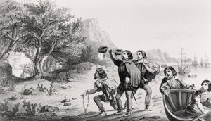 Amerigo Vespucci az Újvilágban landol, az „Americus Vespucius élete és utazásai” című könyvéből, Horace Mansfield, New Haven, Connecticut, 1853 alkotó: American School