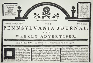 Amerikai válasz a brit kiszabott bélyegtörvényre, pub. a The Pennsylvania Journal and Weekly Advertiserben 1765. október 31-én (újságpapír) alkotó: American School