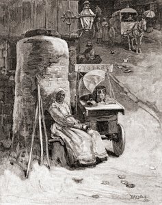 Osztrigaárus a szekerével a washingtoni haditengerészeti kikötő közelében, Washington D.C., a 19. században, a "The Century Illustrated Monthly Magazine" című, 1884-ben megjelent kiadványból (metszet). alkotó: American School