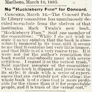 Cikk a Boston Daily Globe-ban Huckleberry Finn Concordban (Massachusetts) 1885. március 16-tól való kitiltásáról (újságpapír) alkotó: American School