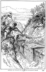Kubaiak támadása egy megerősített vasúton, illusztrációja Murat Halstead Kuba történetéből, 1898-ban alkotó: American School