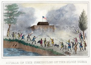 A Seminoles támadása a Block House ellen, kocsma. 1836 (kézzel színezett metszet) alkotó: American School