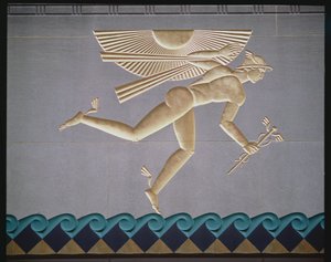 Merkúrt ábrázoló dombormű a 14 épület egyikének külső oldaláról, 1931-40-ben épült alkotó: American School