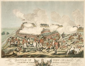 New Orleans-i csata és Packenham vezérőrnagy halála 1815. január 8-án, pub. 1815 (színes metszet) alkotó: American School