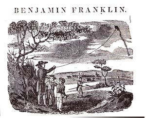 Benjamin Franklin (1706-90) sárkánykísérletét végzi alkotó: American School