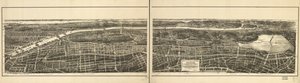 New York város 23. és 24. kerületének a New York és Harlem vasútvonaltól nyugatra fekvő része, valamint a Manhattan-szigetet a Harlem folyótól északra fekvő parkrendszerrel összekötő Grand Boulevard és Concourse madártávlatból történő megtekintése. alkotó: American School
