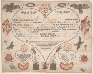 Maria Catharina Raup születési és keresztelési anyakönyvi kivonata (Geburts und Taufschein) 1806 körül (toll és tinta akvarellel papíron) alkotó: American School