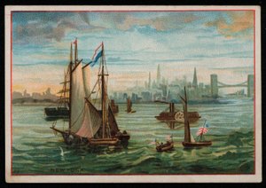 Hajók a New York-i kikötőben, üdvözlőlap. (chromolitho) alkotó: American School