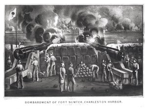 Fort Sumter, Charleston kikötő bombázása Fort Moultrie-ből, 1861. április 12. és 13., pub. írta Currier és Ives alkotó: American School