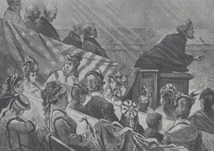 Brigham Youngot sok fiatal felesége figyelte, miközben a utahi Nagy Mormon Tabernákulumban prédikált alkotó: American School