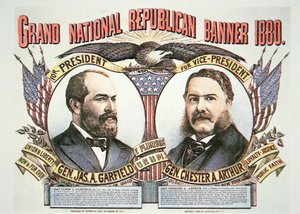 Kampányplakát James A. Garfield elnökjelöltnek (1831-81) és jelöltnek, Chester A. Arthurnak (1829-86) 1880 (színes litó) alkotó: American School