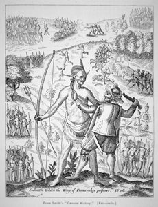 John Smith kapitány (1580-1631) elfog egy indián törzsfőnököt 1608-ban Smith „General Historie of Virginia, New England & the Summer Isles” című művéből. alkotó: American School