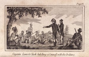 Lewis és Clarke kapitány tanácsot tart az indiánokkal, kocsma. 1812 (metszet) alkotó: American School