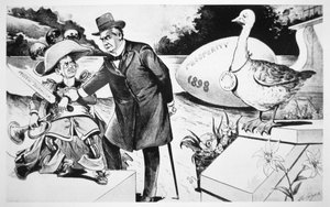 Mckinley elnököt ábrázoló karikatúra, amely megpróbálja elhallgattatni a „sárga sajtót” a Spanyolország elleni nyilvános háborús láz korbácsolásában alkotó: American School