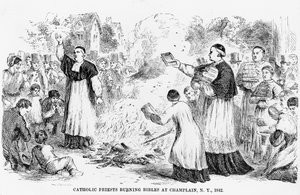 Katolikus papok Bibliát égetnek a New York állambeli Champlainben, illusztráció egy katolikusellenes füzetből, 1842 alkotó: American School
