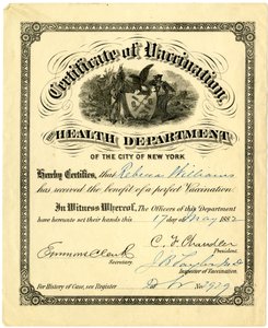 Certificate of Vaccination, the Health Department of the City of New York..., 1882 (metszet [tanúsítvány] tintával kitöltve) alkotó: American School