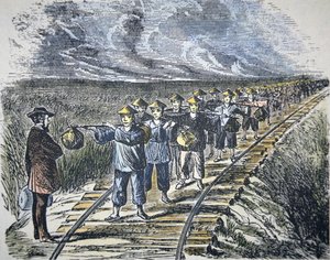 Charles Crocker (1822-88) és kínai munkásai a Csendes-óceán középső vasútvonalát építették, 1869-ben (színes litho) alkotó: American School