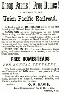 Olcsó farmok és ingyenes otthonok az Union Pacific Railroad vonalán, hirdetés az Appletons Journalból, 1872. május 4. alkotó: American School