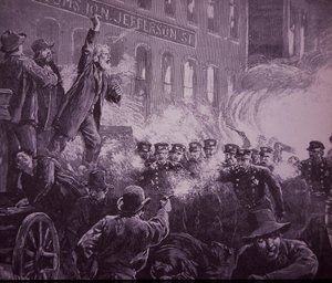 Chicago Haymarket Labor Riot 1886, metszet megjelent a Harper