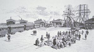 San Franciscóba érkező kínai bevándorlók vagy „Cooliek” a transzkontinentális vasúton dolgoznak az 1860-as években (litho) alkotó: American School