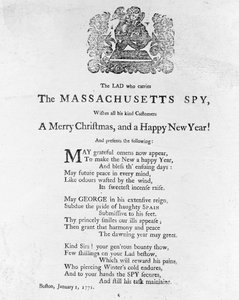 Karácsonyi üdvözlet a Massachusetts Spy-t hordozó fiútól, kinyomtatva a Massachusetts Spy-ben 1771. január 1-jén (nyomtatás) alkotó: American School