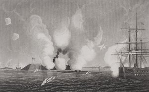 Harc a Konföderációs CSS Virginia (balra) és az Union USS Monitor (középen) között 1862. március 9-én a virginiai Hampton Roads-ban (a részletekért lásd: 254609) alkotó: American School