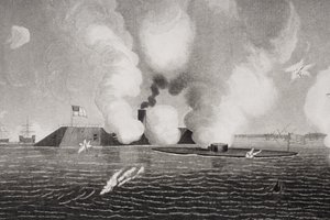 Harc a Konföderációs CSS Virginia (balra) és az Union USS Monitor (jobbra) között 1862. március 9-én a virginiai Hampton Roads-ban (254608 részlet) alkotó: American School